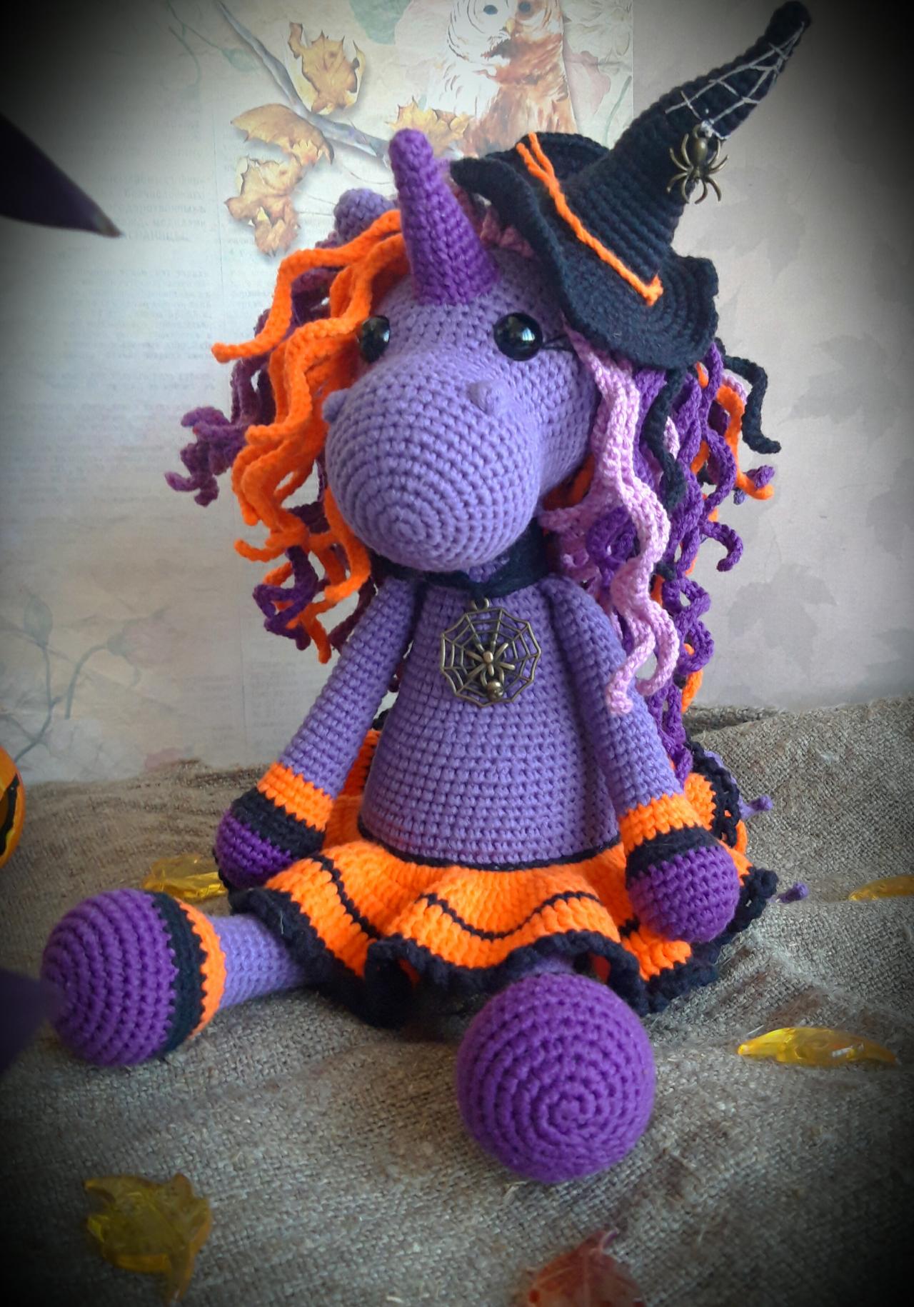 Halloween unicorn gift, Stuffed unicorn doll, witch unicorn toy, Halloween toy gift, magic horse toy, purple unicorn