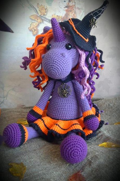 Halloween unicorn gift, Stuffed unicorn doll, witch unicorn toy, Halloween toy gift, magic horse toy, purple unicorn